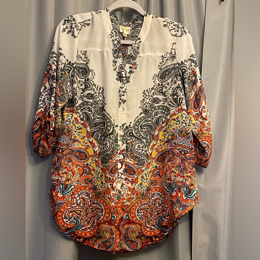 $19 sale Anthropologie Fig & Flower Print High Low Tunic slit paisley boho M